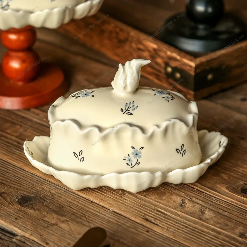 For Butter Plate with Lid Snack  Floral Decorative Ceramic with Lid Butter Cheese  Fruit Dessert