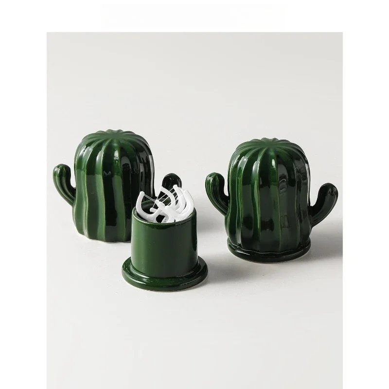 Creative Cactus Design Toothpick Box, Ceramic Organizer for Cotton Swabs & Dental Floss, Mini Desktop Decor for Home Office view 2
