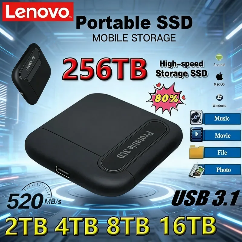 

Оригинальный внешний жесткий диск Lenovo 2 ТБ, 4 ТБ, 8 ТБ, портативный SSD-накопитель USB 3.1 для ноутбуков и настольных ПК