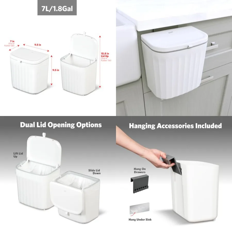 

Roomate Under Counter Waste Bin | Space Saving Small Trash Can for Kitchen Cabinet, Bathroom or Office | Dual Lid for Ease of Opening, 7 Liter, White