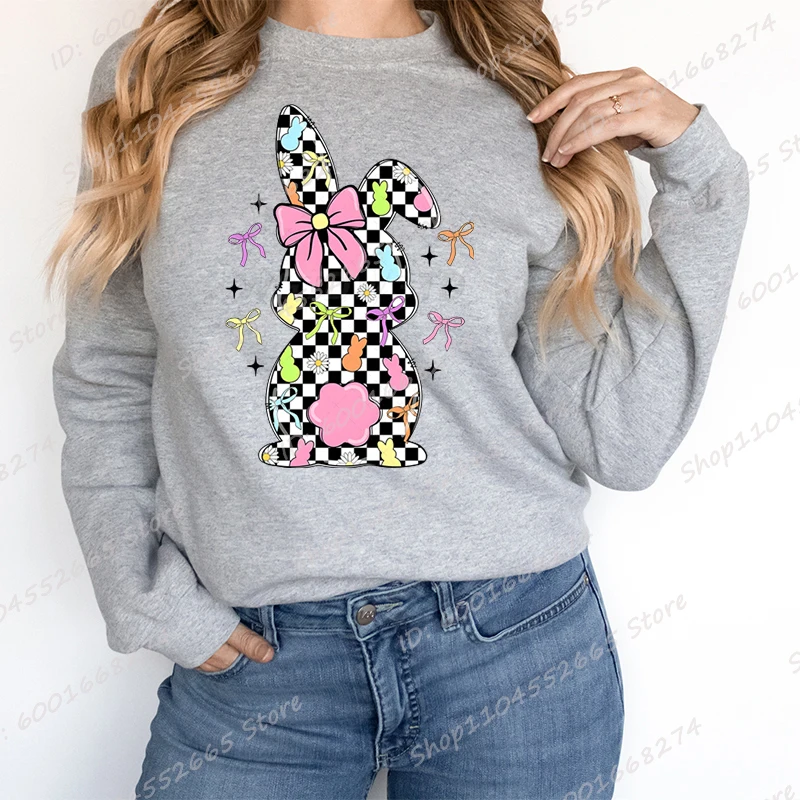 Cute Bunny & Bow Graphic Print Sweatshirts For Women Happy Easter Sweatshirt Casual Long Sleeve Pullovers Crew Neck Tops