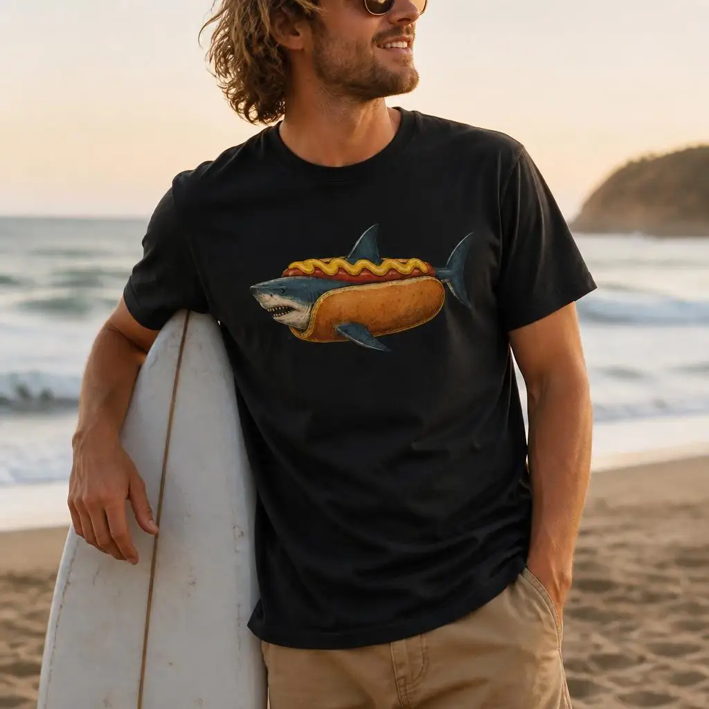 Shark Hotdog Funny Food Meme Vintage T Shirts Casual Tees Short Sleeve Round Collar T-Shirt Pure Cotton Tops