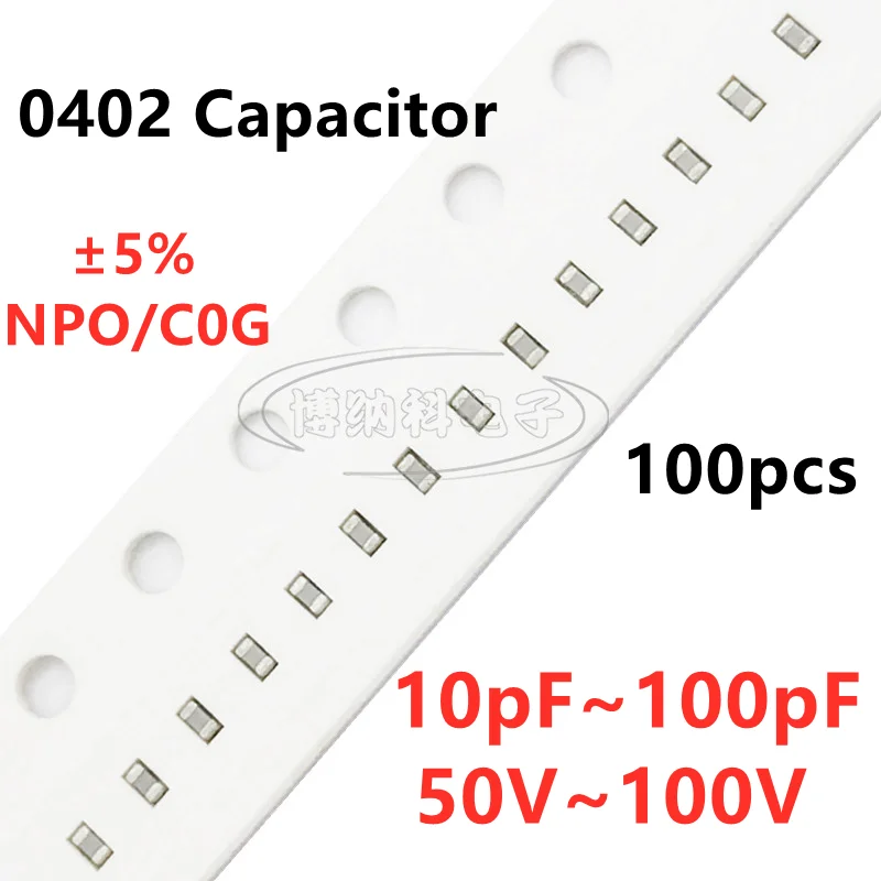 100pcs 0402 SMD kapasitor 10/11/12/13/15/16/18/20/22/24/25/27/30/33/36/39/43/47/51/56/62/68/75/82/91/100PF C0G NPO 5%