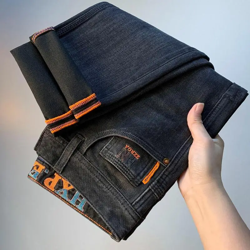 2026 Slim Straight Stretch Denim Jeans with Light Embroidery Pattern in Dark Gray Color for Men, Trendy Summer Daily Casual Pant