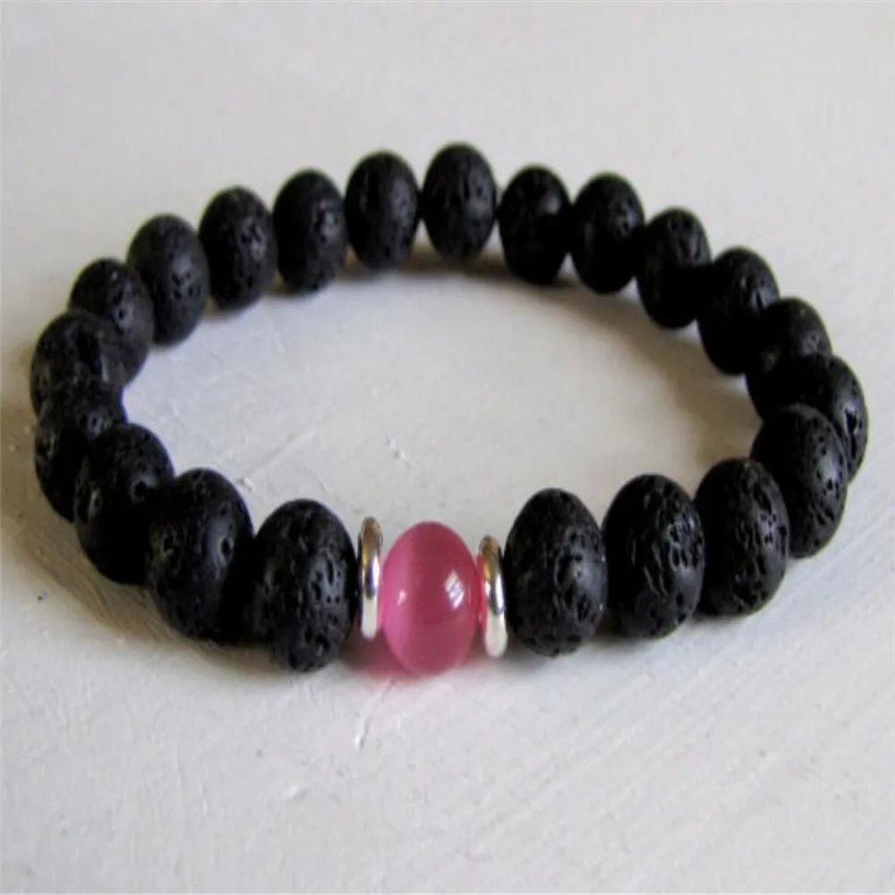 8mm Volcanic Pink Opal Stretch mala Bracelet 7.5 Inches Artisan Handmade Karma Link Bangle Jewelry Lovers Eco-Friendly Women Men