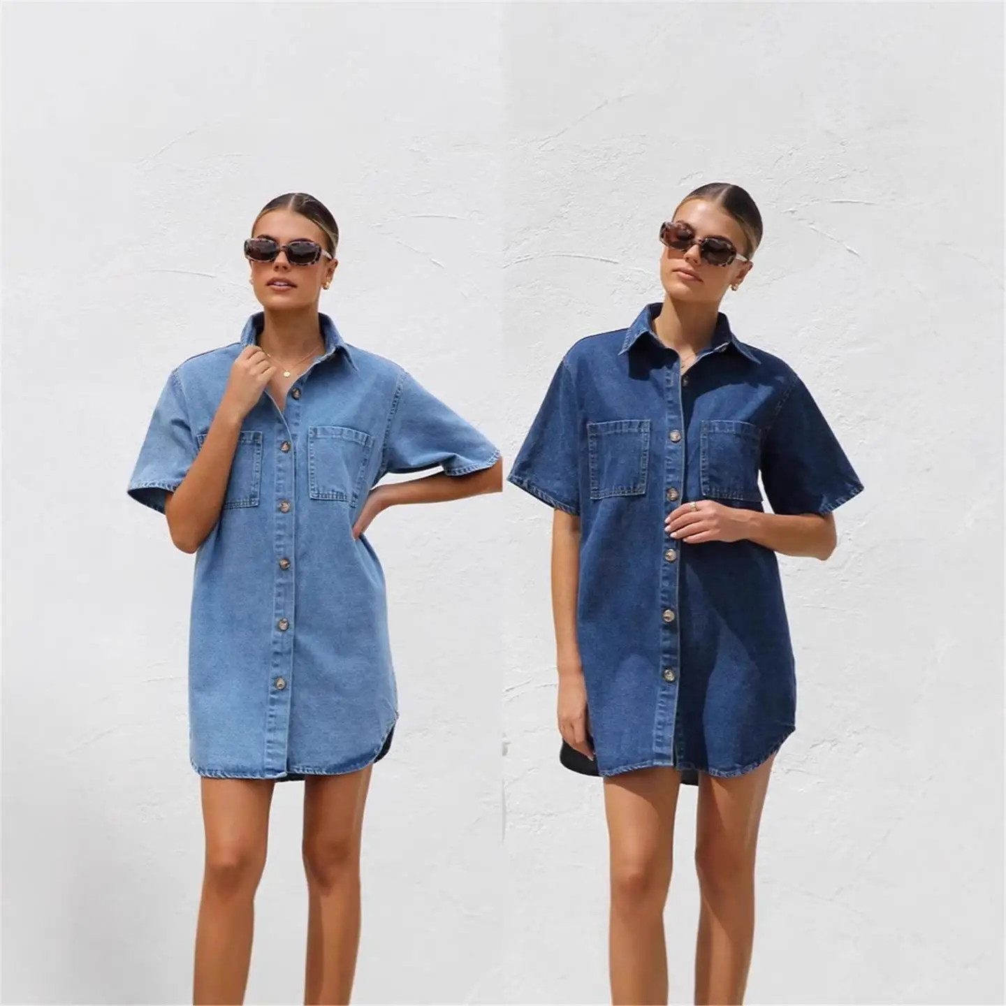 

Women's Collared Denim irt Dr Mid-Length ort-Sve Open Cardigan ket Design Summer Faion European Sle Thin Fabric