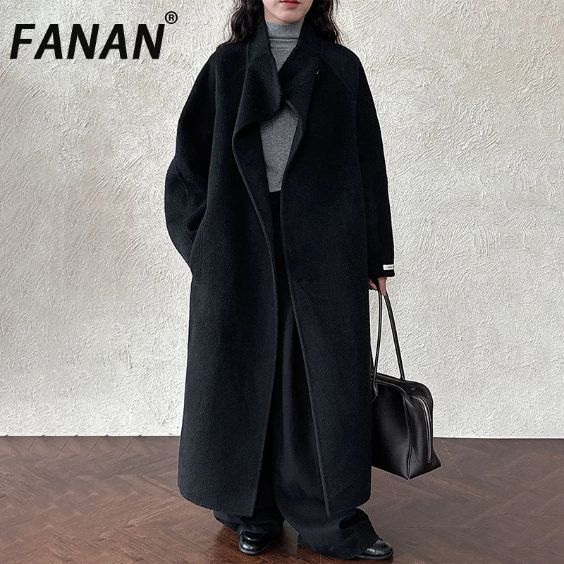 

FANAN High End 100% Wool Coats For Women Stand Neck Belt Gathered Waist Thick Warm Outwear Office Lady Clothing Winter New