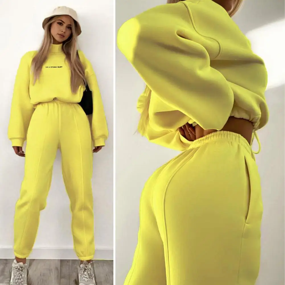 

2 Pcs/Set Women Top Pants Set Long Sleeve Elastic Cuff Sweatshirt Drawstring High Waist Ankle-banded Trousers Sport Tracksuit