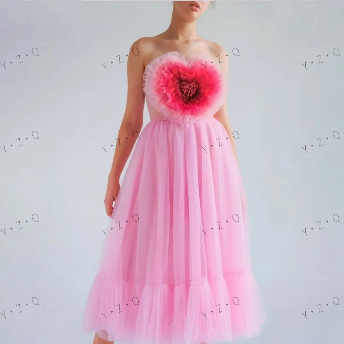 Sweet Pink Prom Dresses Crystals Hearted Sharped Long Dress Ankle Length Lush Layered Prom Gowns Sweetheart Neckline