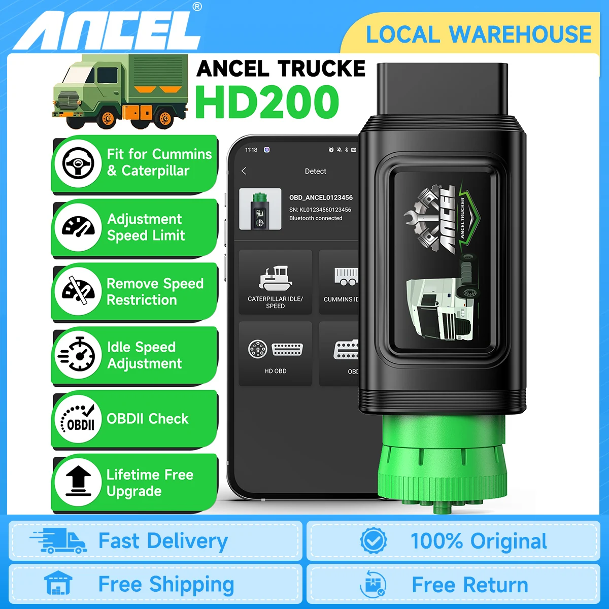 

ANCEL HD100 9/12 Pin Bluetooth Diesel Heavy Duty Truck Scanner All System D-P-F Regen for Cummins Caterpillar Diagnostic Scanner