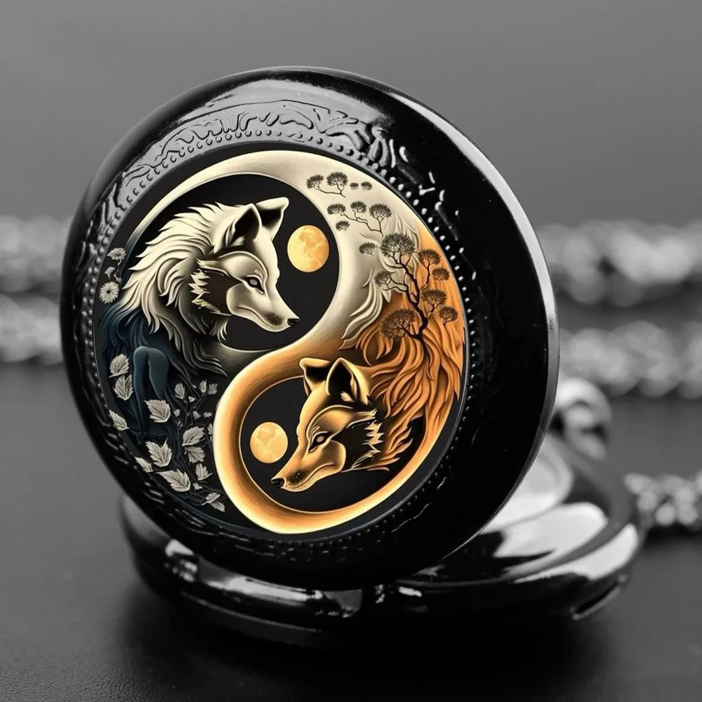 Creative YinYang Wolf Animal Pattern Design Mini Pocket Watch with Necklace Pendant World-Time Feature, Gift For Women Men Kids #2