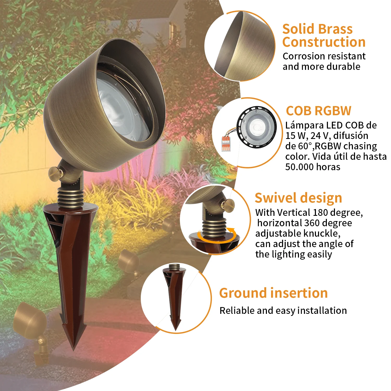 Low Voltage Outdoor LED Brass Spotlight Landscape Light RGBW 15W 24V IP65 Waterproof Brass Smart WiFi Control Garden Lighting