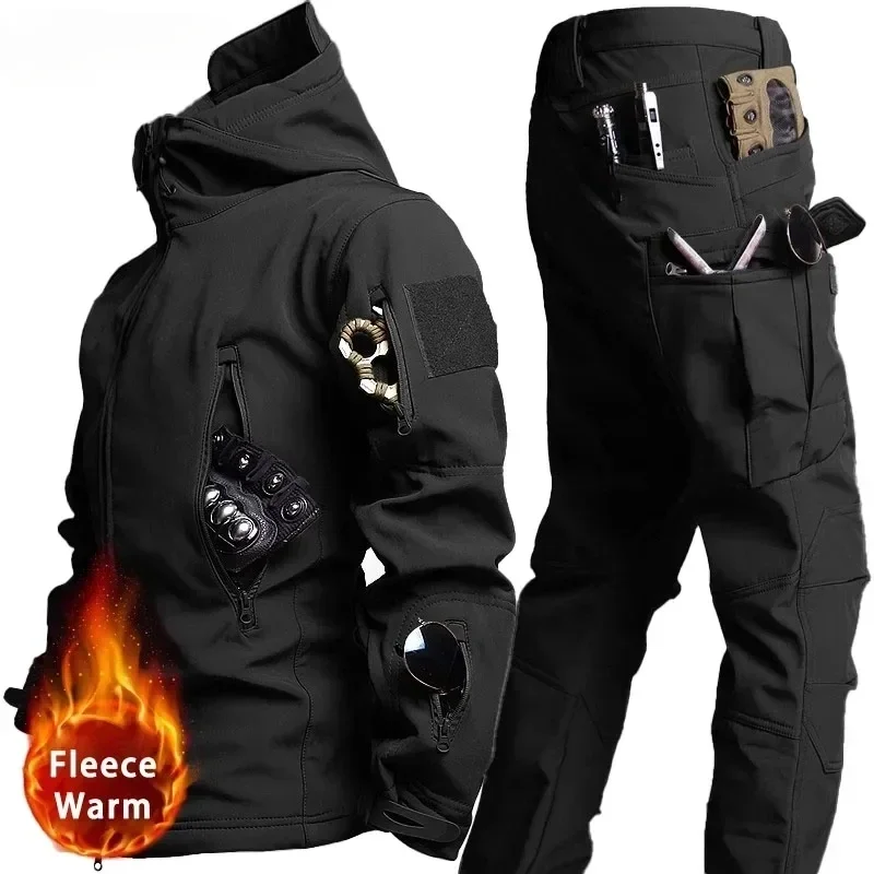 Tactical Waterproof Men Camo Set Soft Shell Fleece Winter Combat Suit Windbreak Warm Multi Pocket Outdoors Training Uniform