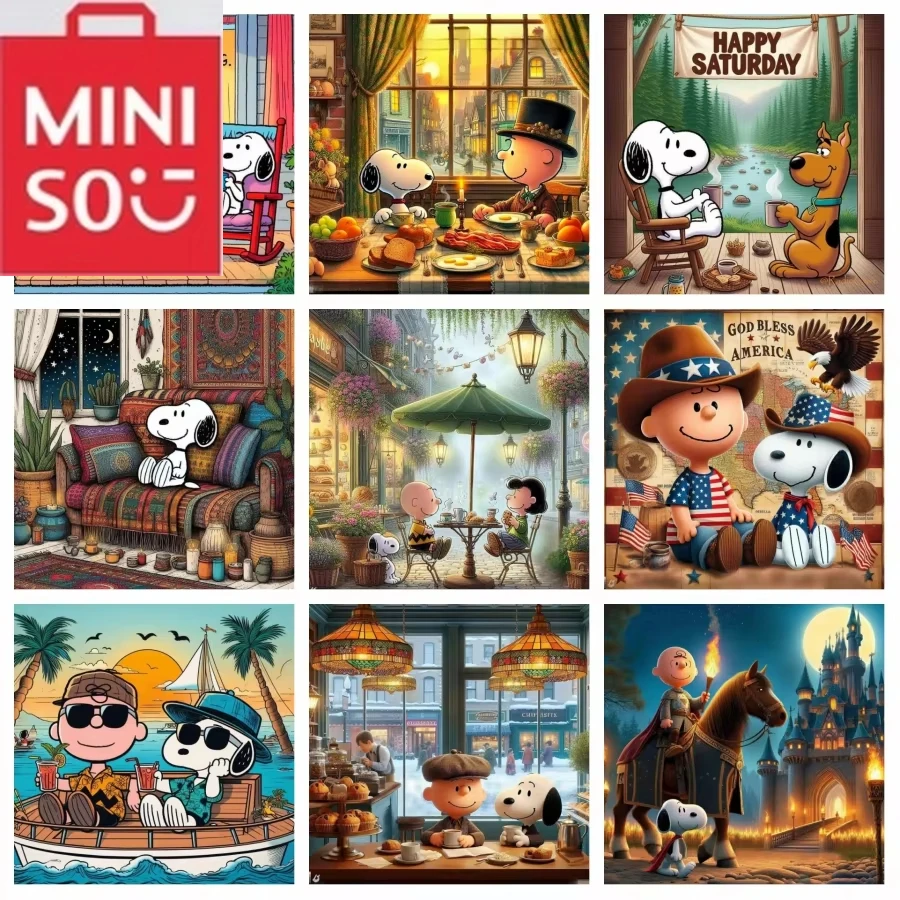 Miniso سنوبي وقت الشاي أوروبا شارع Lanscape جولة/مربع الحفر الماس الفن اللوحة 5d لتقوم بها بنفسك تشارلي براون الكرتون فسيفساء ديكور