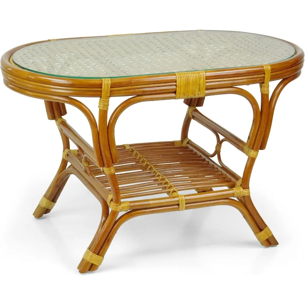 Pelangi Coffee Oval Table with Glass Top Natural Rattan Wicker ECO Handmade Design, Cognac