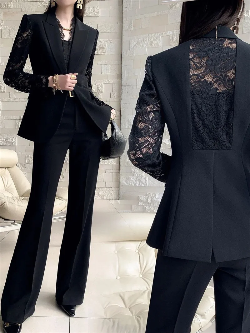 

Leisure Fashionable Temperament Western Suit Women Spring Slimming New Style Long Sleeved High-end Lace 2026 Two-piece Set Women
