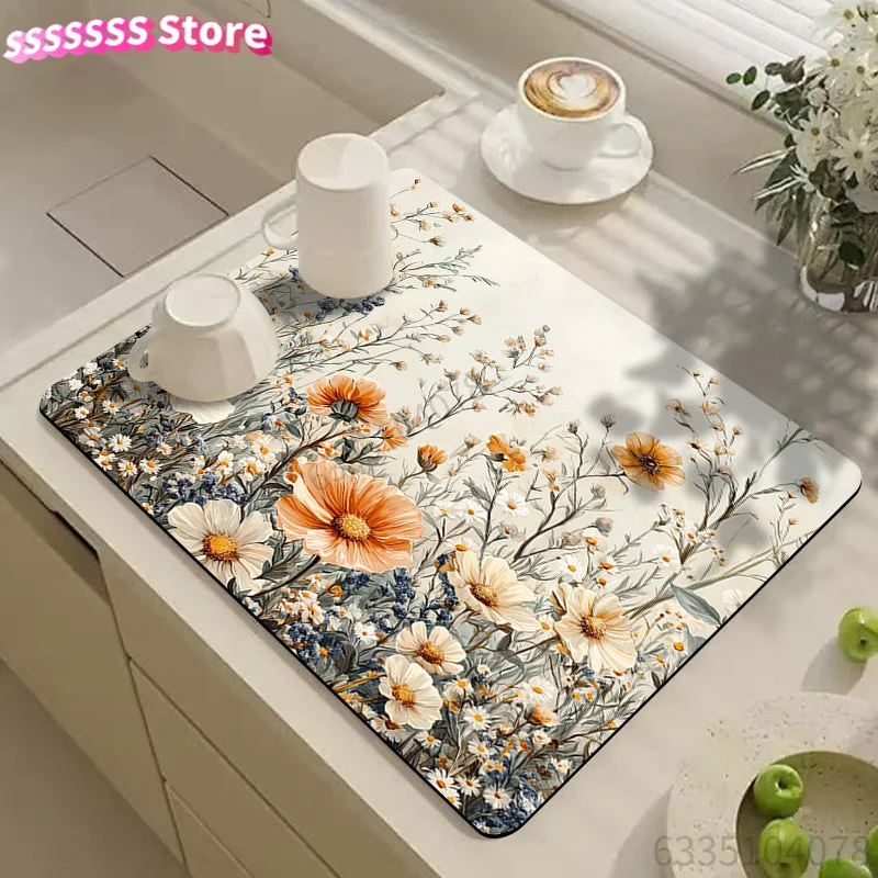 Cutlery Drying Mat, Spring And Summer Floral Theme Draining Mat, High-End Coffee Machine Mat, Kitchen Dining Table Additions, S