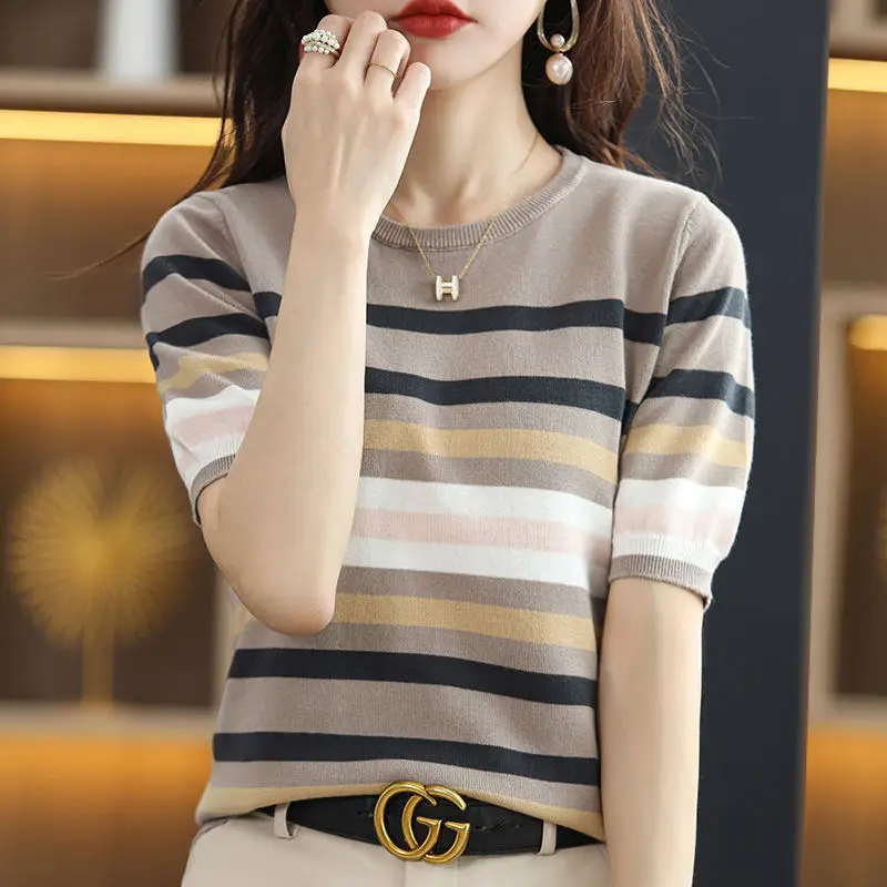 Summer Women Striped Knitted T-Shirt Koreon New Basic Pullover Female Clothing Vintage Casual Versatile Loose Short Sleeve Tops