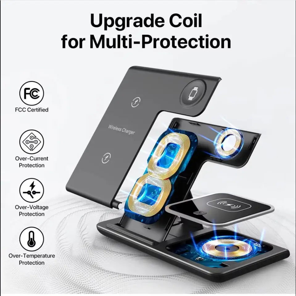 Fast Wireless Charger Charging Station 3-in-1 with Foldable Stand for Samsung iPhone 17 16 15 18 14 13 12 Apple Watch 9 8 7 Airpods, Professional for Xiaomi Huawei Type C Data Cable view 5