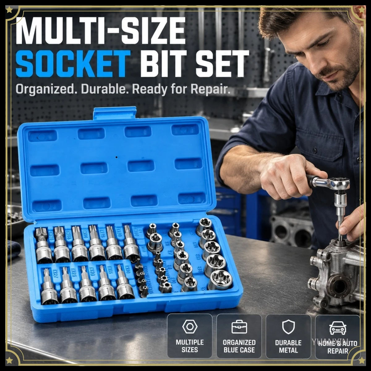 E-Torx Socket Set 34Pcs Torx Bit CR-V Steel 1/4 3/8 1/2 Drive Male Female Auto Repair Tool Kit with Storage Case Professional