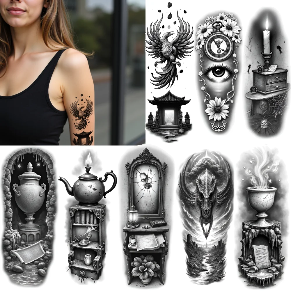 Tatouage temporaire, urne ancienne, imperméable, longue durée, autocollants pour le corps, bougie sur livres, œil cosmique, noir et gris, réalisme pour 3 pièces