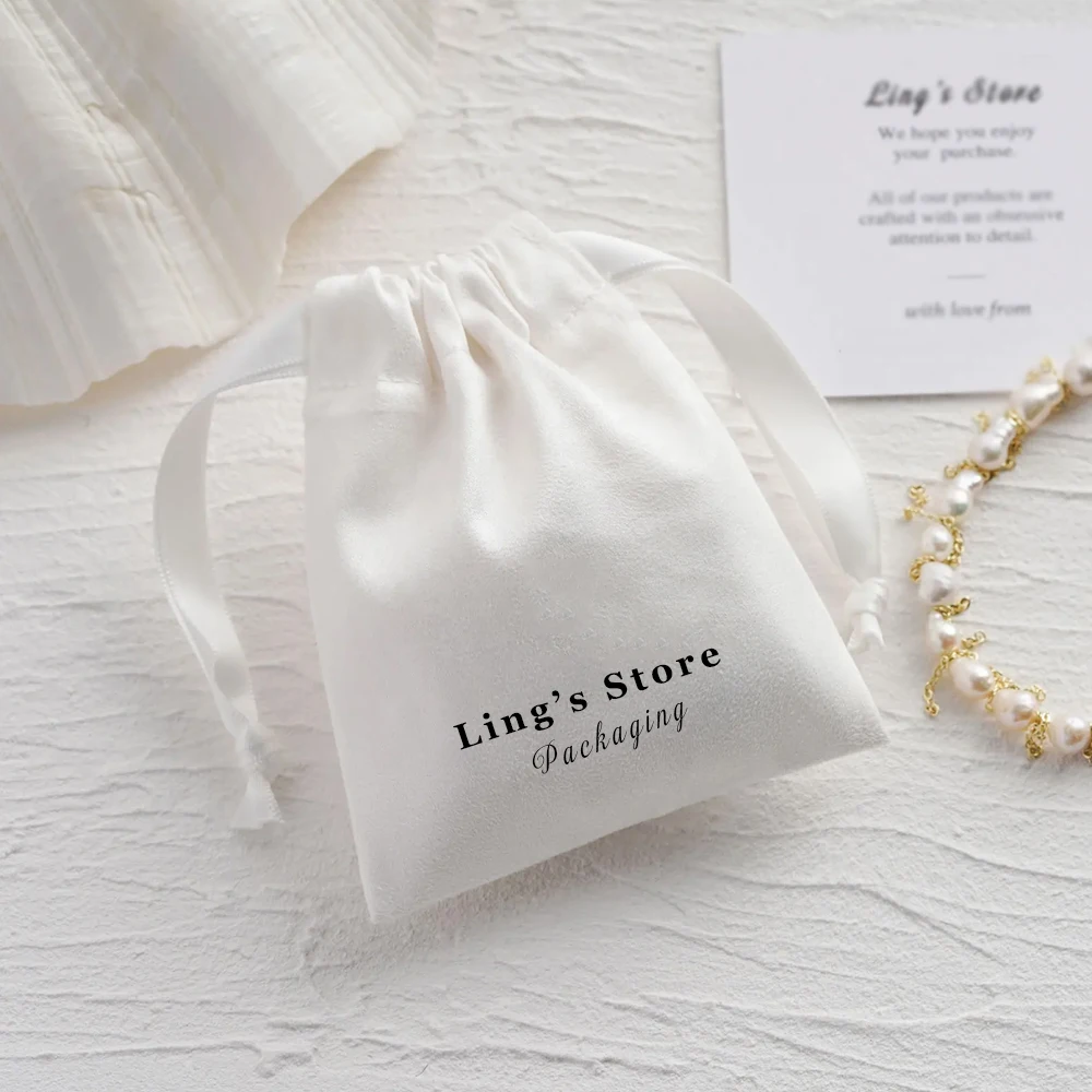 

100Pcs Customized White Jewelry Flannel Drawstring Gift Bag Velvet Suede Cotton Pouch Cosmetic Earrings Studs Bracelet Organizer