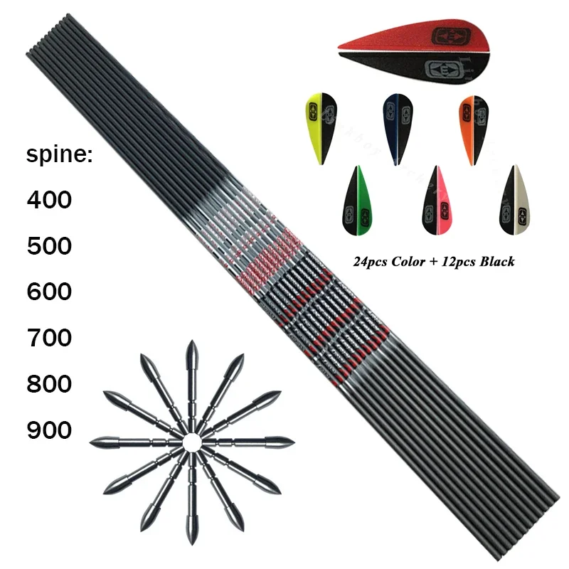 12pcs Carbon Arrow Shaft ID4.2mm Spine350 - 900 Arrow Point 80gr Tips 1.75inch Plastic Vanes Recurve Bow Shooting Archery