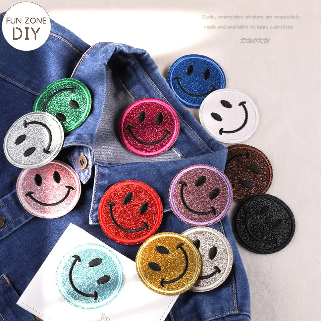 FZdiy Cartoon Smiling Face Patches for Clothing Stick on Embroidered Patches Self-adhesive Glue Patch on Clothes Sewing Applique