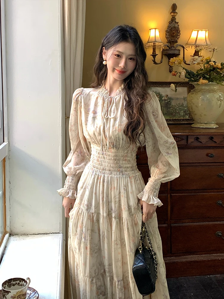 

Retro French Style Chiffon Print Fairy Dress Woman Vintage Lantern Sleeve Romantic Lady Long Midi Dresses Party Vestido Festa