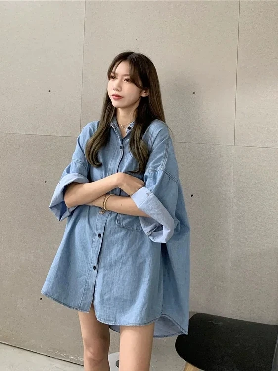 

Casual Loose Women's Denim irt Slimming Hide Belly plus Size Mid-Length Casual Top Faionable plus Size Clothing