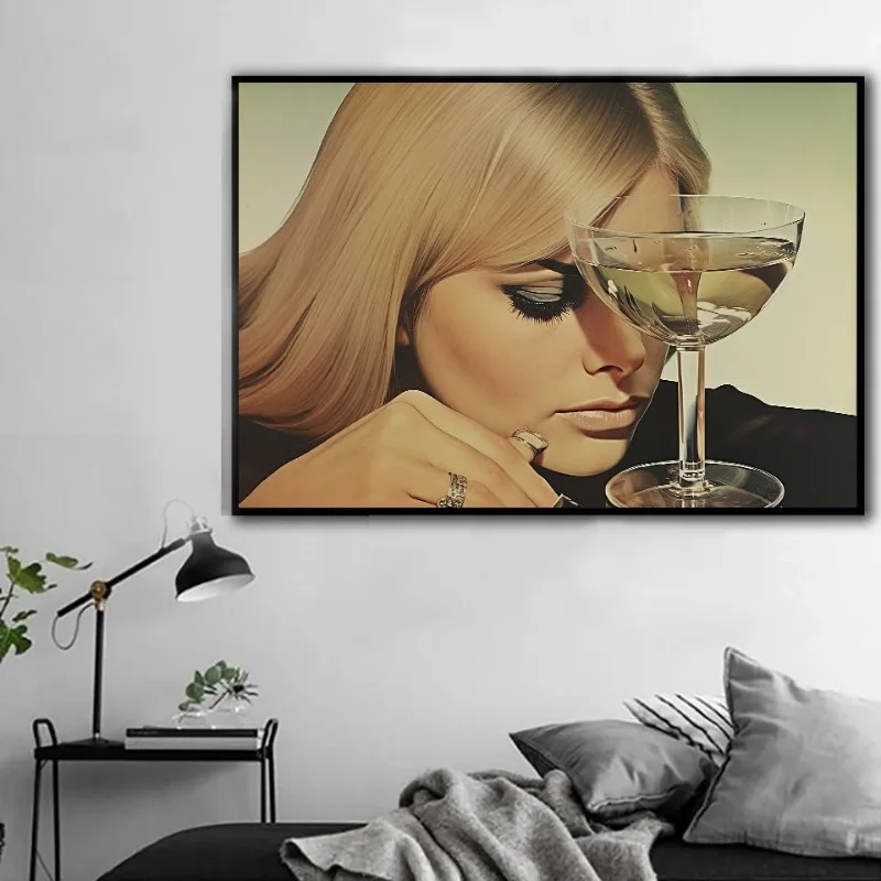 Mid Century Vintage Martini Poster Luxury Alcohol and Woman Mod Style Canvas Painting Wall Art for Bar Living Room Home Decor