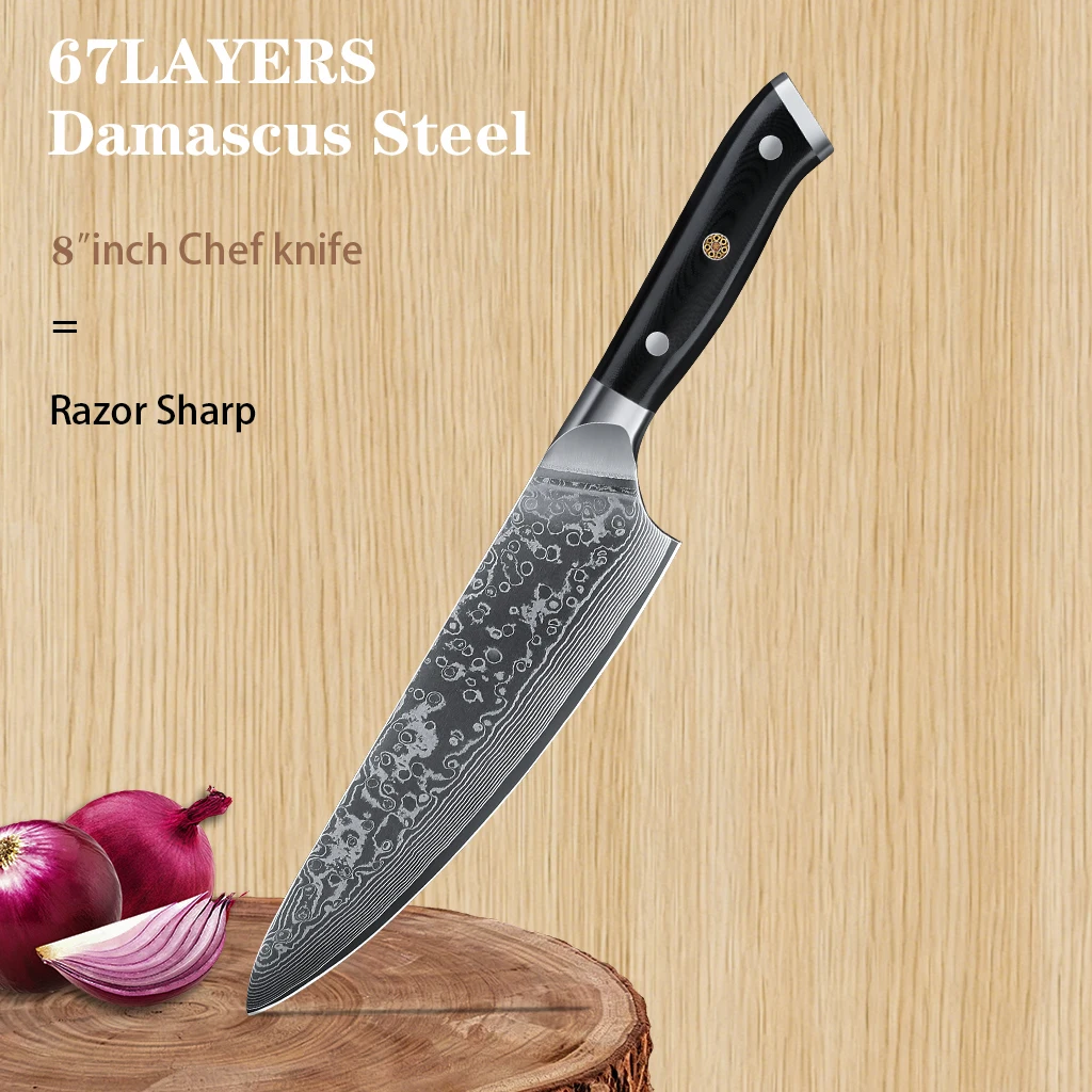 

8-inch Professional Damascus Chef Knife G10 Handle VG10 Core Steel Sharp Kitchen Knife for Meat Slicing Vegetable Chopping Fruit