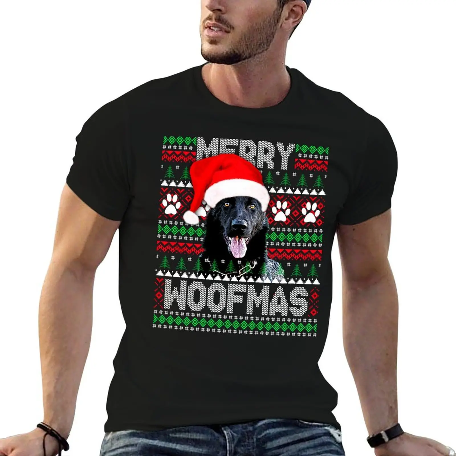 

Merry Woofmas Black German Shepherd Christmas gifts Dog Lover Ugly Sweater T-Shirt t shirts cotton 100% T-Shirt