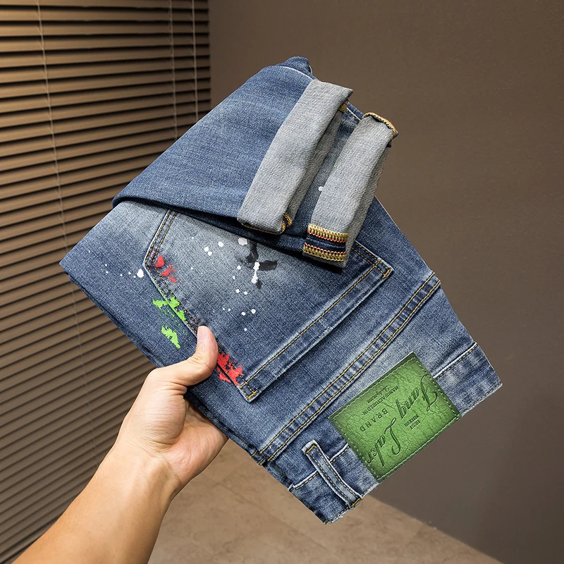 Painted Designer Personalised Street Fashion Men's Jeans Vintage Blue Stretch Slim Hip Hop Jeans Hombre