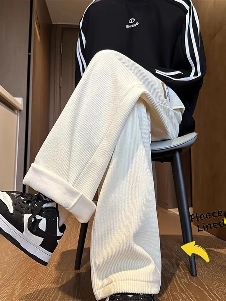 

Men's Winter Thiened Velvet Pants American Retro Drape Wide Leg Floor-Length Trousers Fce-Lined Casual Long Trousers