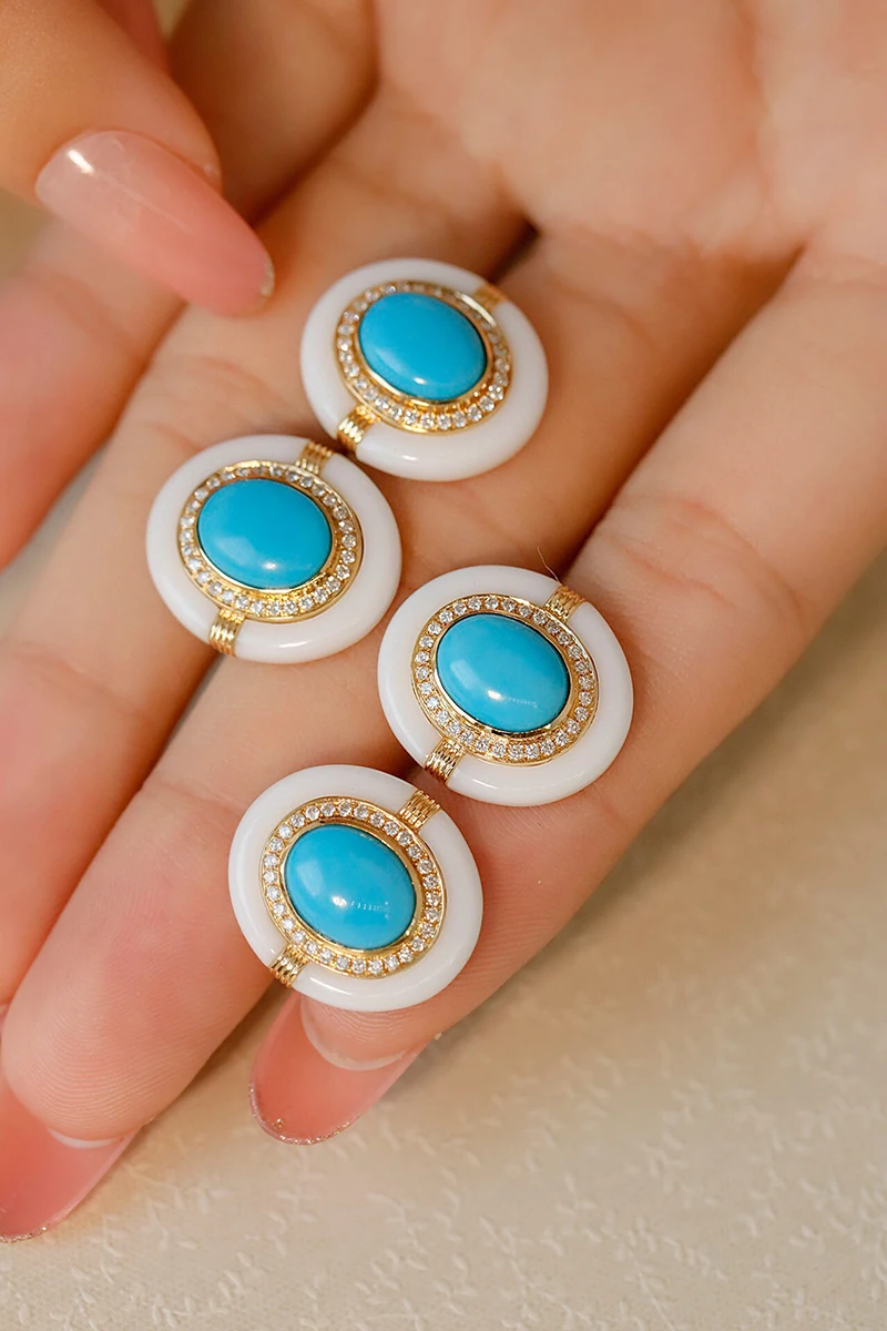 LUOWEND 100% 18K Yellow Gold Earrings Luxury Vintage Style Real Natural Turquoise Stud Earrings for Women High Party Jewelry