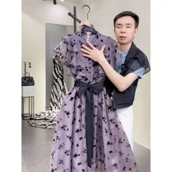 Purple print dress women's new summer 2024 covered meat luxury elegant gentle French floral temperament skirt.