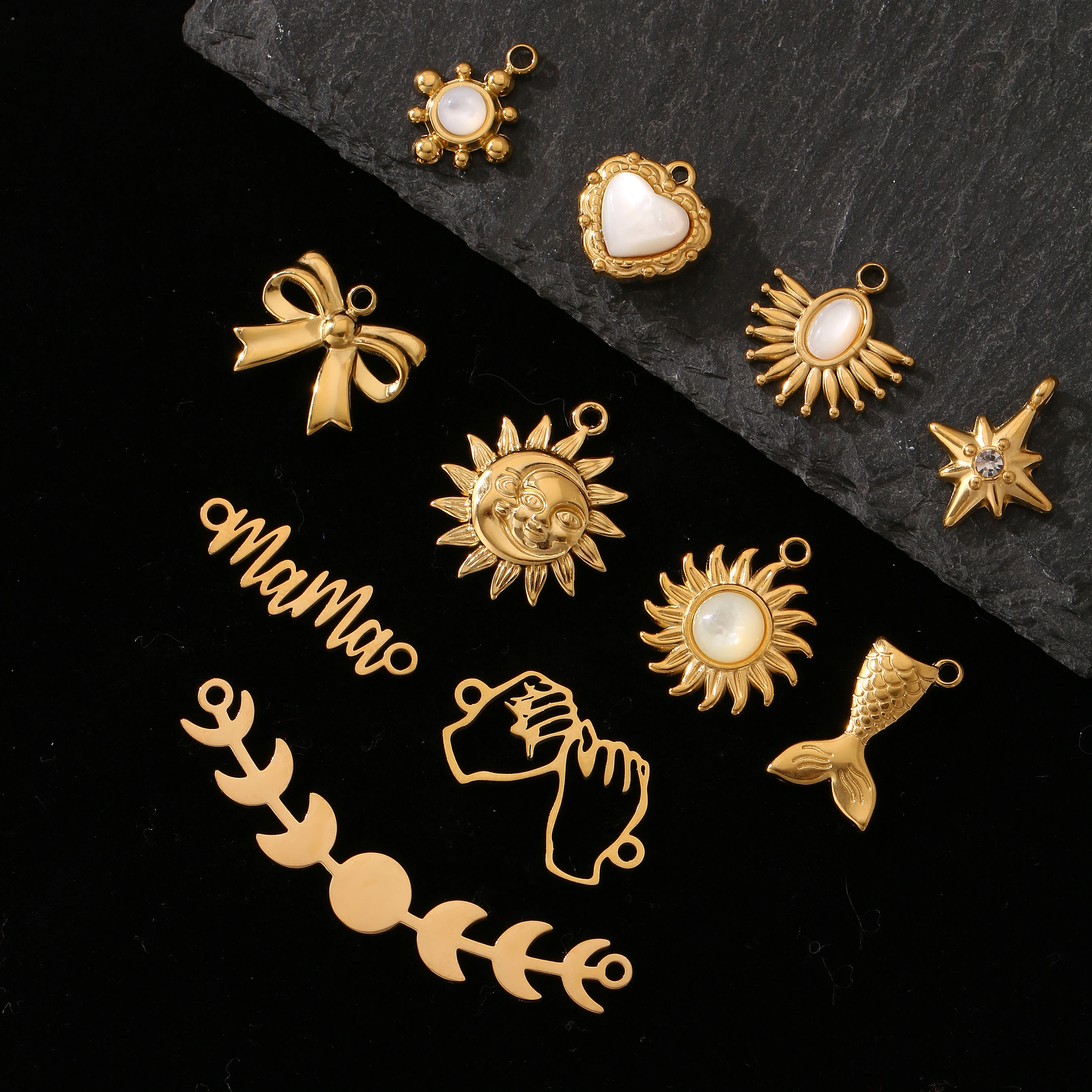 Stainless Steel Sun/Astral/Love Heart/Mama Charm Fashion Rhinestone Shell Pendant Astrology DIY Necklace Bracelet Jewelry Making