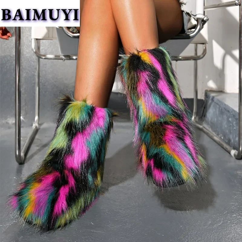 Luxury Furry Women Ankle Snow Boots Flats Platform Fur Warm Shoes Brand Winter 2025 Trend Designer Woman Plush Ankle Botas Mujer