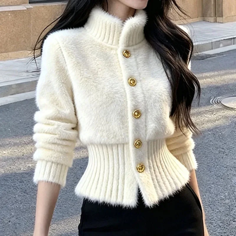 

Элегантный кардиган во французском стиле, плюшевое вязаное утягивающее пальто, женский осенне-зимний утолщенный теплый однобортный свитер с высоким воротником