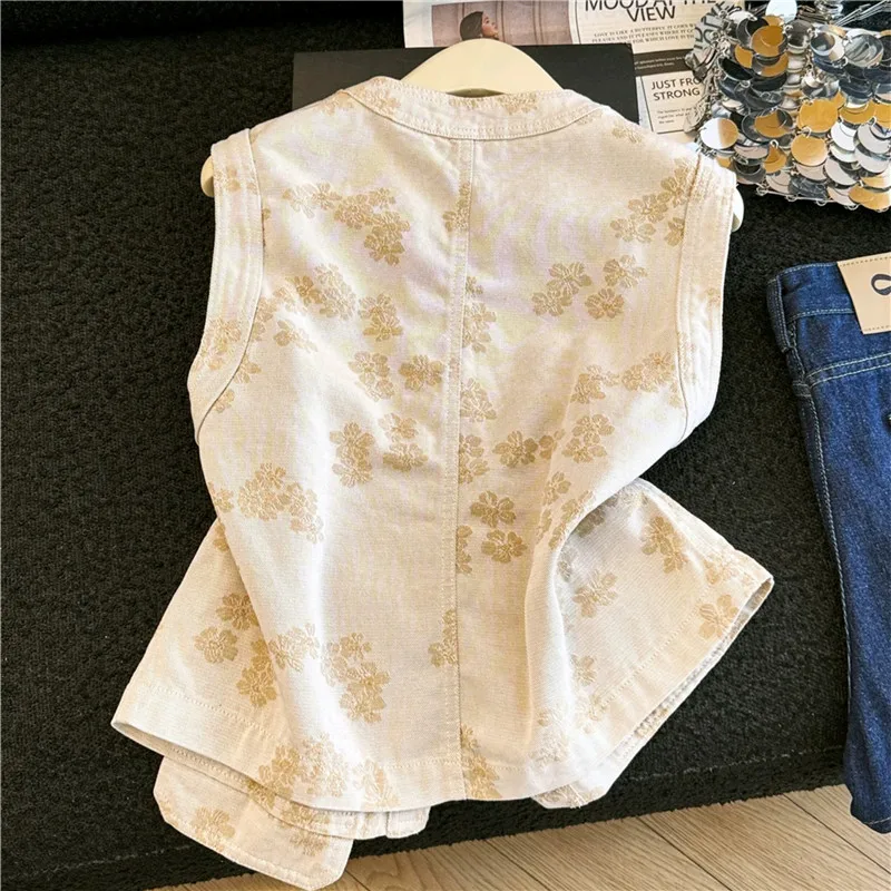 Summer Women Vintage Jacquard Embroidery Apricot Slim Short Denim Vest Round Neck Single-Breasted Sleeveless Cowboy Waistcoat