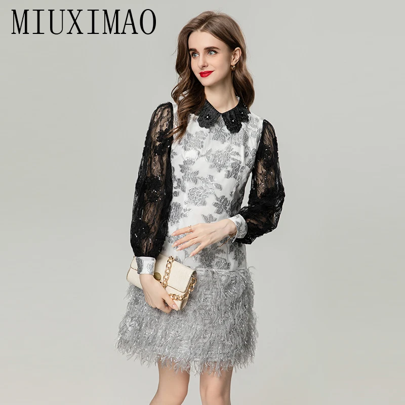 

MIUXIMAO Autumn Fashion Runway Gorgeous Dress Women Jacquard Lace Sequined Nail Bead Peter Pan Collar Lantern Sleeve MiniDresses