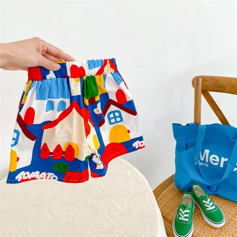 Summer Kids Girls Shorts Baby Boys Cute Cartoon House Doodle Shorts Toddler Comfortable and Breathable Kawaii Shorts Cotton