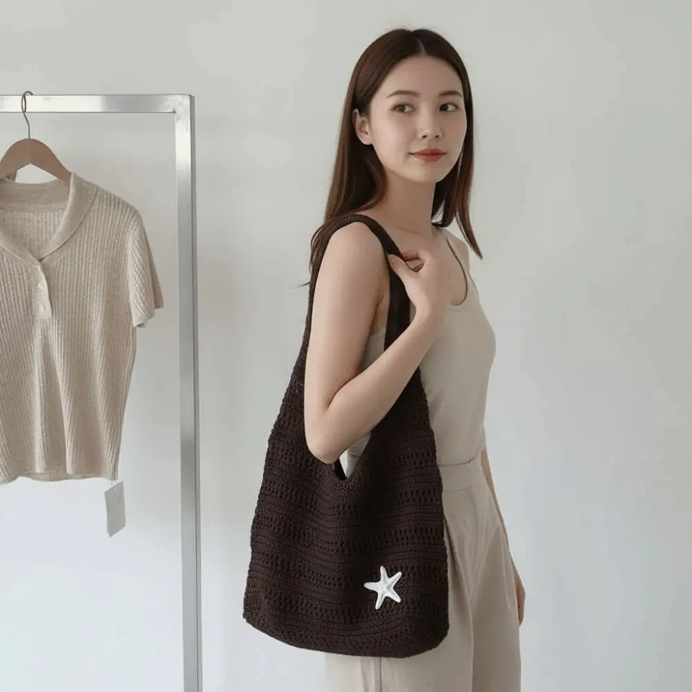 Lightweight Starfish Decor Crochet Tote Foldable Intricate Hollow-out Pattern Bohemian Crochet Handbag Versatile Solid Color