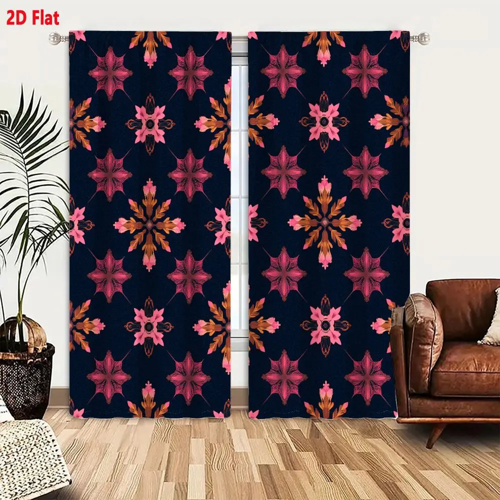 2Pcs Curtains 2D Flat Deep Navy Blue Seamless Pattern With Pink And Copper Floral Motifs Window Drapes for Bedroom Room Decor De