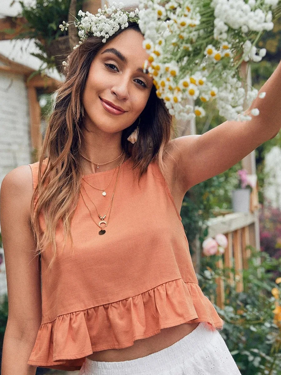 

Pure Color round Ne Svel Lace Trim Top Women's Faion Street Sle ort Length Polyester Summer Season