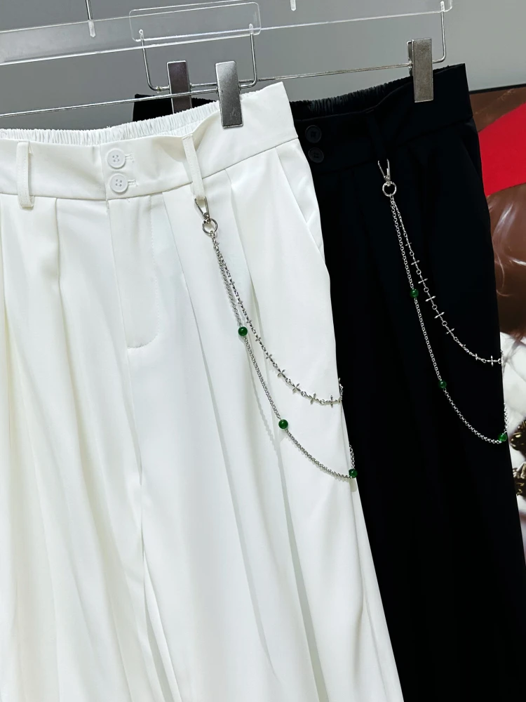 Men's 2025 Summer New Fashion Versatile Simple Straight Wide Leg Pants Loose Comfort Suit Pants Men's Chain Solid Color Trousers