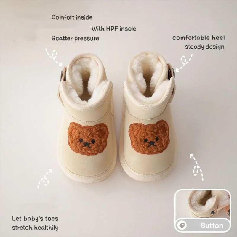 2024 New Children Snow Boots Cartoon Bear Embroidery Thick Fleece Winter Boot Boys Girls Toddler Shoes Fashion Korean Kids Boots