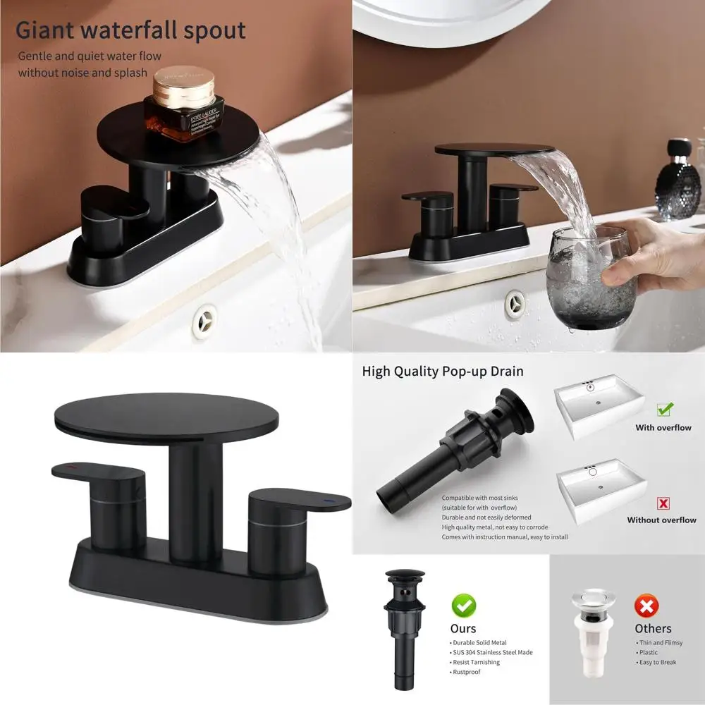 

3-Hole Matte Black Centerset Bathroom Faucet with 4-Inch Centers and Up-Drain for 2-Handle Stainless Steel Sinks