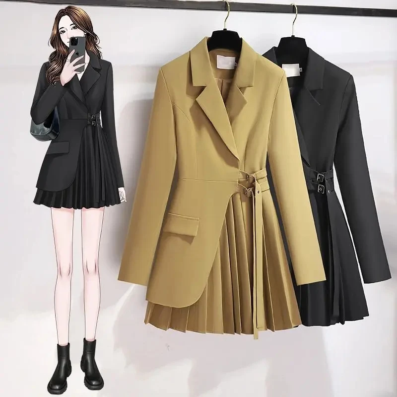 بدلة نسائية Vestidos 2025 ربيع الخريف تصميم جديد تحسس الراقية مزاجه تنورة الإناث السترة أنيقة السيدات الطيات فستان